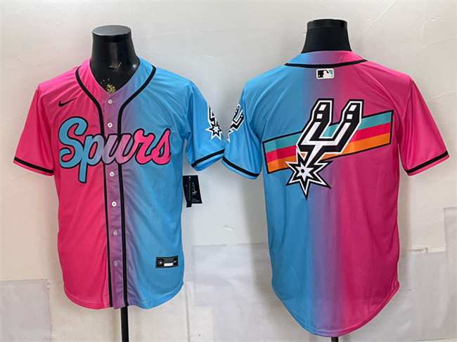 Men's San Antonio Spurs Team Big Logo Pink/Blue Limited Stitched Baseball Jersey Men's San Antonio Spurs Team Big Logo Pink/Blue Limited Stitched Baseball Jersey