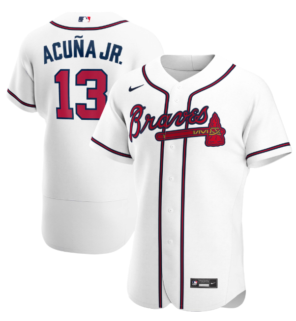 Men's Atlanta Braves #13 Ronald Acuna Jr. White Flex Base Stitched Baseball Jersey Men's Atlanta Braves #13 Ronald Acuna Jr. White Flex Base Stitched Baseball Jersey