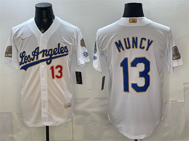 Men's Los Angeles Dodgers #13 Max Muncy White 2026 Gold Collection 9x & B2B Champs Patch Stitched Baseball Jersey Men's Los Angeles Dodgers #13 Max Muncy White 2026 Gold Collection 9x & B2B Champs Patch Stitched Baseball Jersey