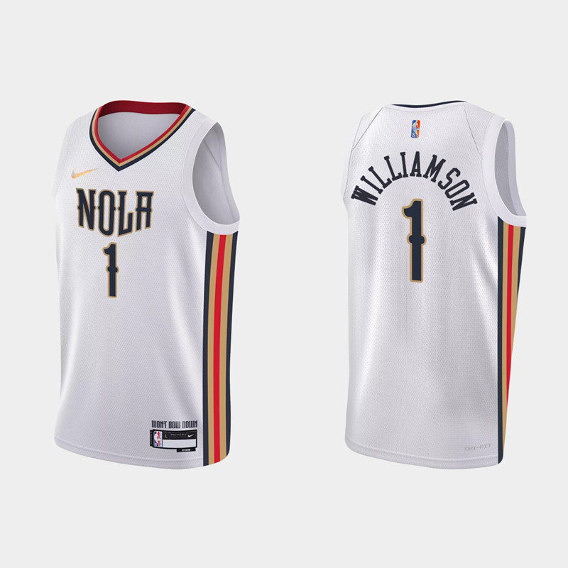 Men's New Orleans Pelicans #1 Zion Williamson 2021/22 White City Edition 75th Anniversary Stitched Jersey Men's New Orleans Pelicans #1 Zion Williamson 2021/22 White City Edition 75th Anniversary Stitched Jersey