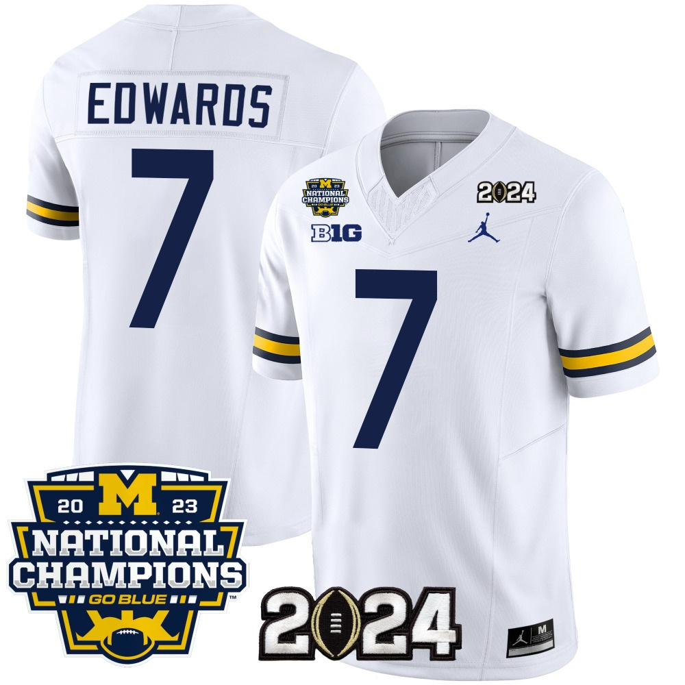 Men's Michigan Wolverines #7 Donovan Edwards White 2024 F.U.S.E. With 2023 National Champions Patch Stitched Jersey Men's Michigan Wolverines #7 Donovan Edwards White 2024 F.U.S.E. With 2023 National Champions Patch Stitched Jersey
