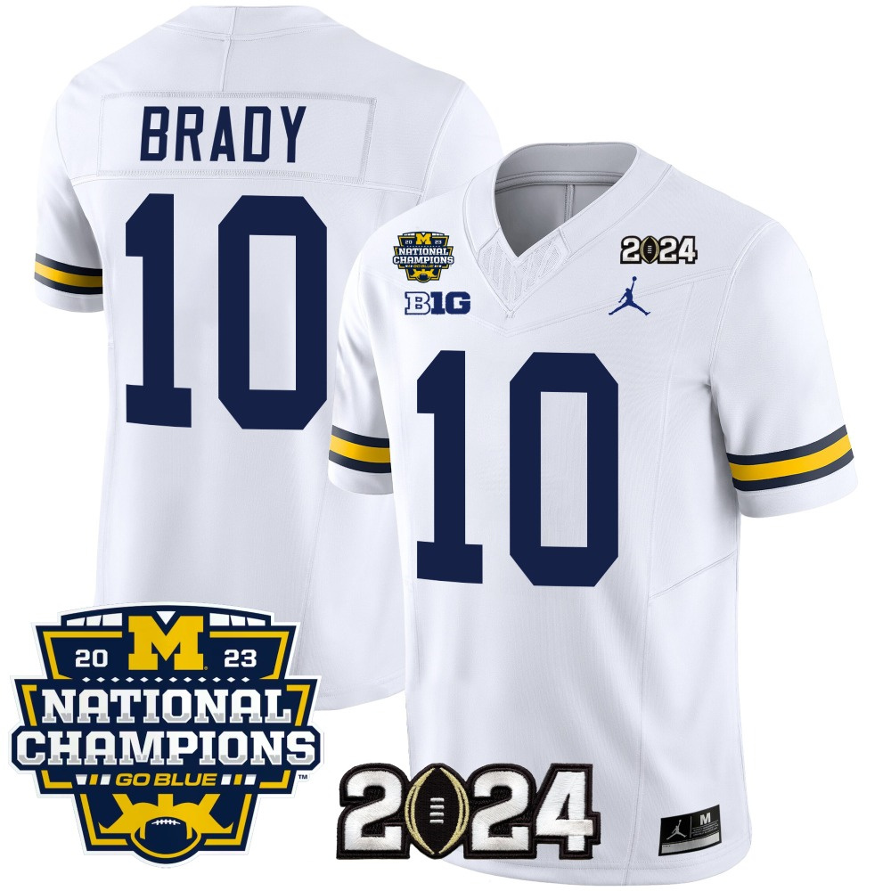 Men's Michigan Wolverines #10 Tom Brady White 2024 F.U.S.E. With 2023 National Champions Patch Stitched Jersey Men's Michigan Wolverines #10 Tom Brady White 2024 F.U.S.E. With 2023 National Champions Patch Stitched Jersey
