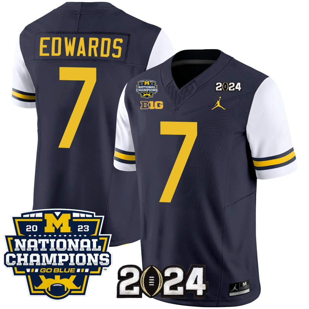 Men's Michigan Wolverines #7 Donovan Edwards Navy/White 2024 F.U.S.E. With 2023 National Champions Patch Stitched Jersey Men's Michigan Wolverines #7 Donovan Edwards Navy/White 2024 F.U.S.E. With 2023 National Champions Patch Stitched Jersey