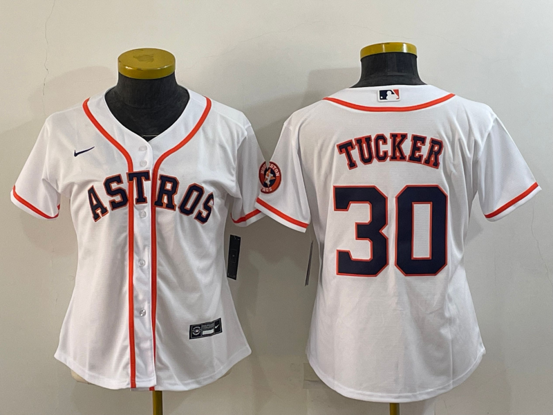 Women's Houston Astros #30 Kyle Tucker White With Patch Cool Base Stitched Baseball Jersey(Run Small) Women's Houston Astros #30 Kyle Tucker White With Patch Cool Base Stitched Baseball Jersey(Run Small)