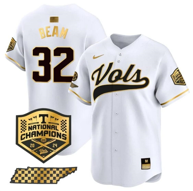 Men's Tennessee Volunteers #32 Drew Beam White Gold 2024 Champions Vapor Limited Stitched Jersey Men's Tennessee Volunteers #32 Drew Beam White Gold 2024 Champions Vapor Limited Stitched Jersey