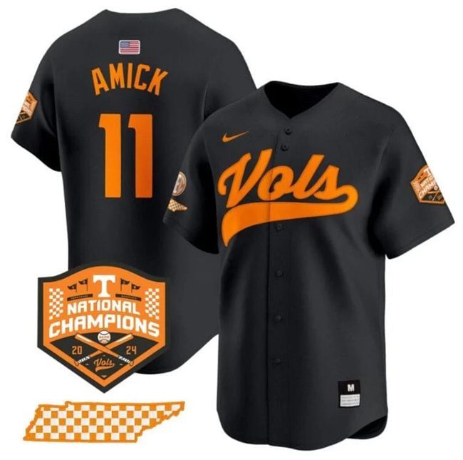 Men's Tennessee Volunteers #11 Billy Amick Black 2024 Champions Vapor Limited Stitched Jersey Men's Tennessee Volunteers #11 Billy Amick Black 2024 Champions Vapor Limited Stitched Jersey