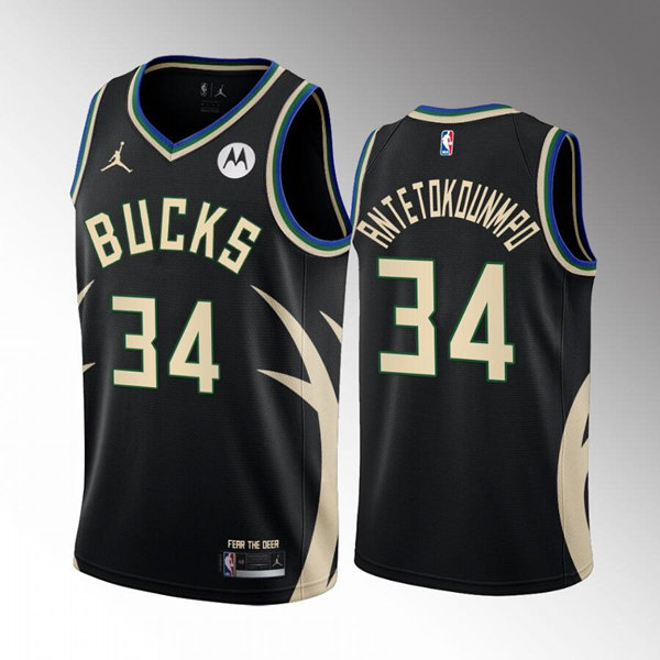 Men's Milwaukee Bucks #34 Giannis Antetokounmpo 2022/23 Black Statement Edition Stitched Basketball Jersey Men's Milwaukee Bucks #34 Giannis Antetokounmpo 2022/23 Black Statement Edition Stitched Basketball Jersey