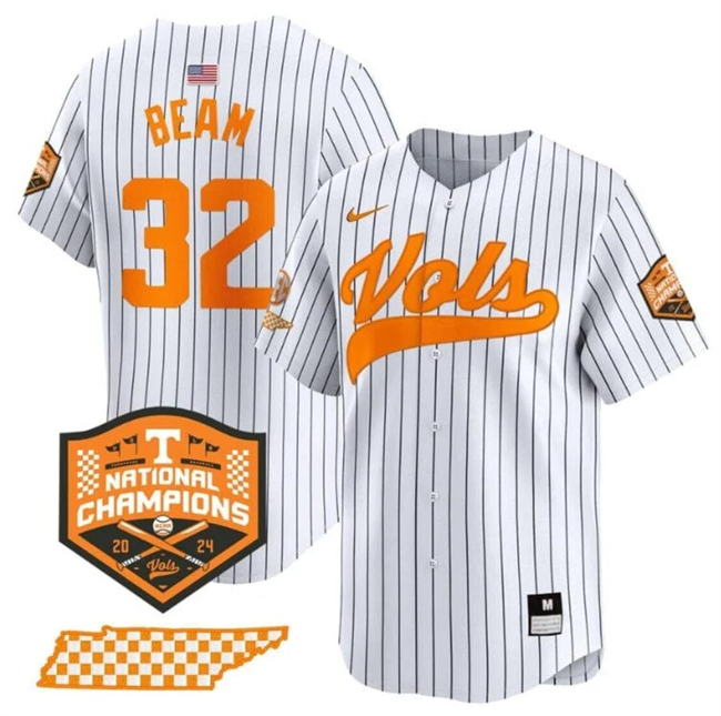 Men's Tennessee Volunteers #32 Drew Beam White Pinstripe 2024 Champions Vapor Limited Stitched Jersey Men's Tennessee Volunteers #32 Drew Beam White Pinstripe 2024 Champions Vapor Limited Stitched Jersey