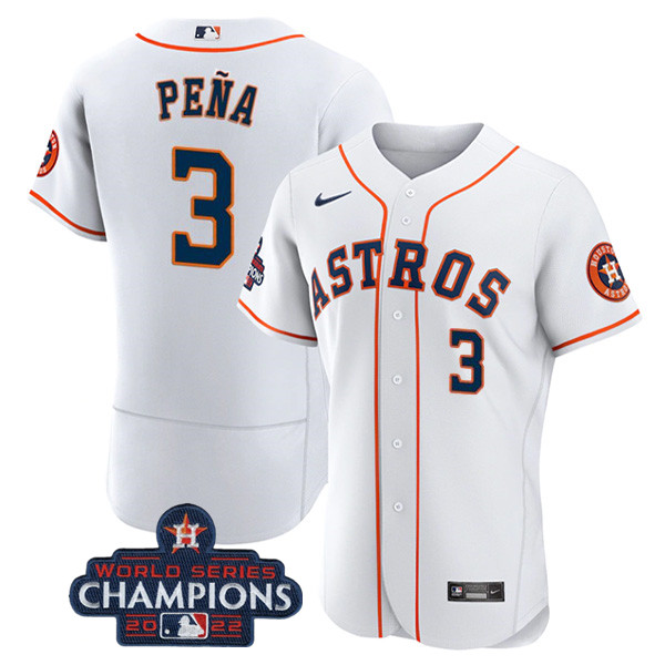 Men's Houston Astros #3 Jeremy Peña White 2022 World Series Champions Flex Base Stitched Baseball Jersey Men's Houston Astros #3 Jeremy Peña White 2022 World Series Champions Flex Base Stitched Baseball Jersey