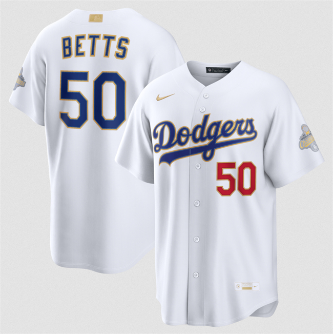Youth Los Angeles Dodgers #50 Mookie Betts White 2026 Gold Collection Stadium Stitched Baseball Jersey Youth Los Angeles Dodgers #50 Mookie Betts White 2026 Gold Collection Stadium Stitched Baseball Jersey