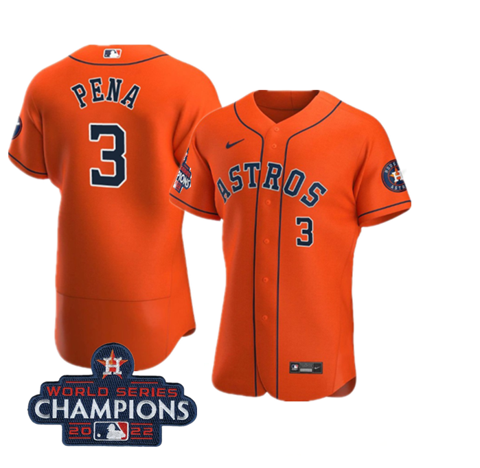 Men's Houston Astros #3 Jeremy Peña Orange 2022 World Series Champions Flex Base Stitched Baseball Jersey Men's Houston Astros #3 Jeremy Peña Orange 2022 World Series Champions Flex Base Stitched Baseball Jersey