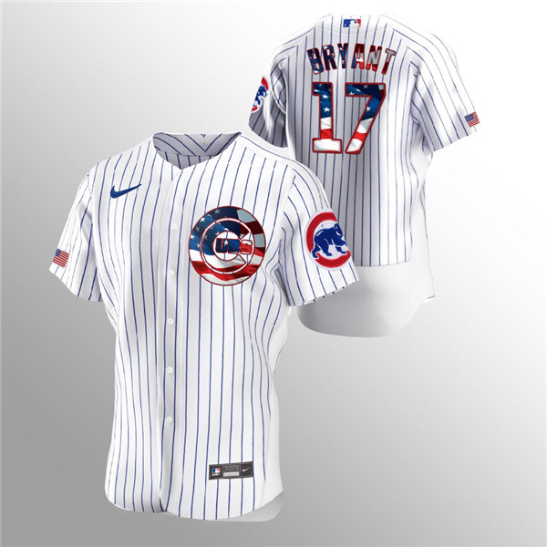 Men's Chicago Cubs #17 Kris Bryant White 2020 Stars & Stripes Flex Base Stitched Jersey Men's Chicago Cubs #17 Kris Bryant White 2020 Stars & Stripes Flex Base Stitched Jersey