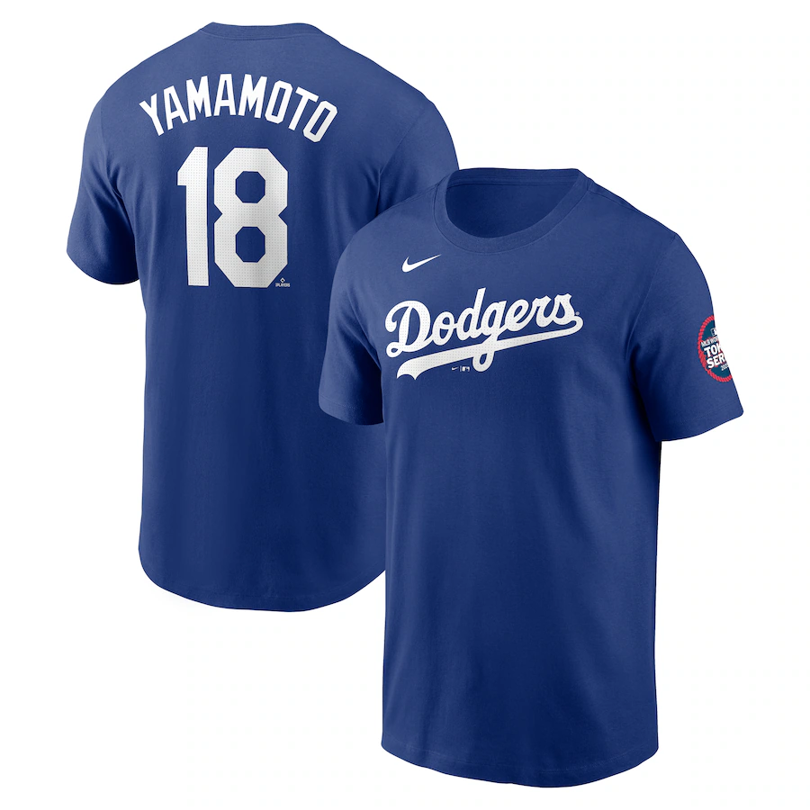 Men's Los Angeles Dodgers #18 Yoshinobu Yamamoto Royal 2025 Tokyo Series Name & Number T-Shirt Men's Los Angeles Dodgers #18 Yoshinobu Yamamoto Royal 2025 Tokyo Series Name & Number T-Shirt
