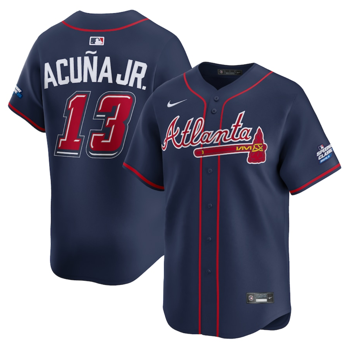 Men's Atlanta Braves #13 Ronald Acuña Jr. Navy 2025 Speedway Classic Alternate Limited Stitched Baseball Jersey Men's Atlanta Braves #13 Ronald Acuña Jr. Navy 2025 Speedway Classic Alternate Limited Stitched Baseball Jersey