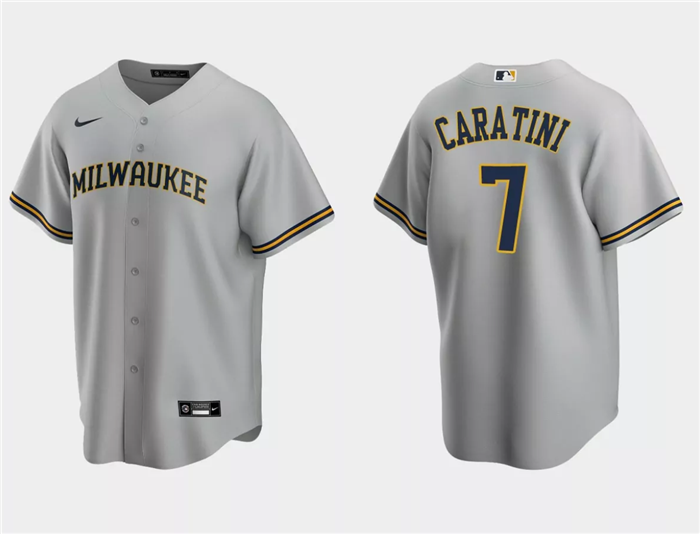 Men's Milwaukee Brewers #7 Victor Caratini Grey Cool Base Stitched Jersey Men's Milwaukee Brewers #7 Victor Caratini Grey Cool Base Stitched Jersey