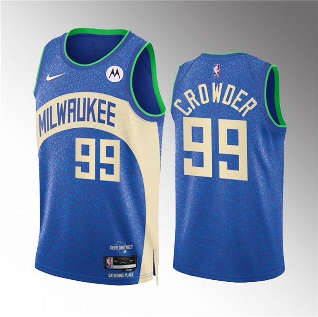Men's Milwaukee Bucks #99 Jae Crowder 2023/24 Blue City Edition Stitched Basketball Jersey Men's Milwaukee Bucks #99 Jae Crowder 2023/24 Blue City Edition Stitched Basketball Jersey