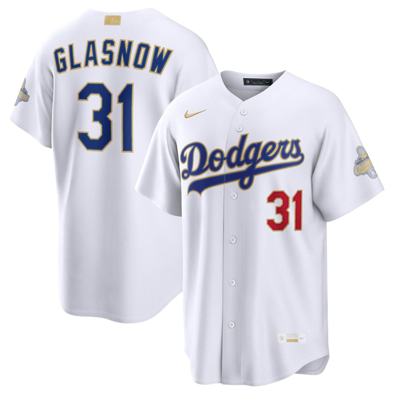 Men's Los Angeles Dodgers #31 Tyler Glasnow White 2026 Gold Collection Stadium Stitched Baseball Jersey Men's Los Angeles Dodgers #31 Tyler Glasnow White 2026 Gold Collection Stadium Stitched Baseball Jersey