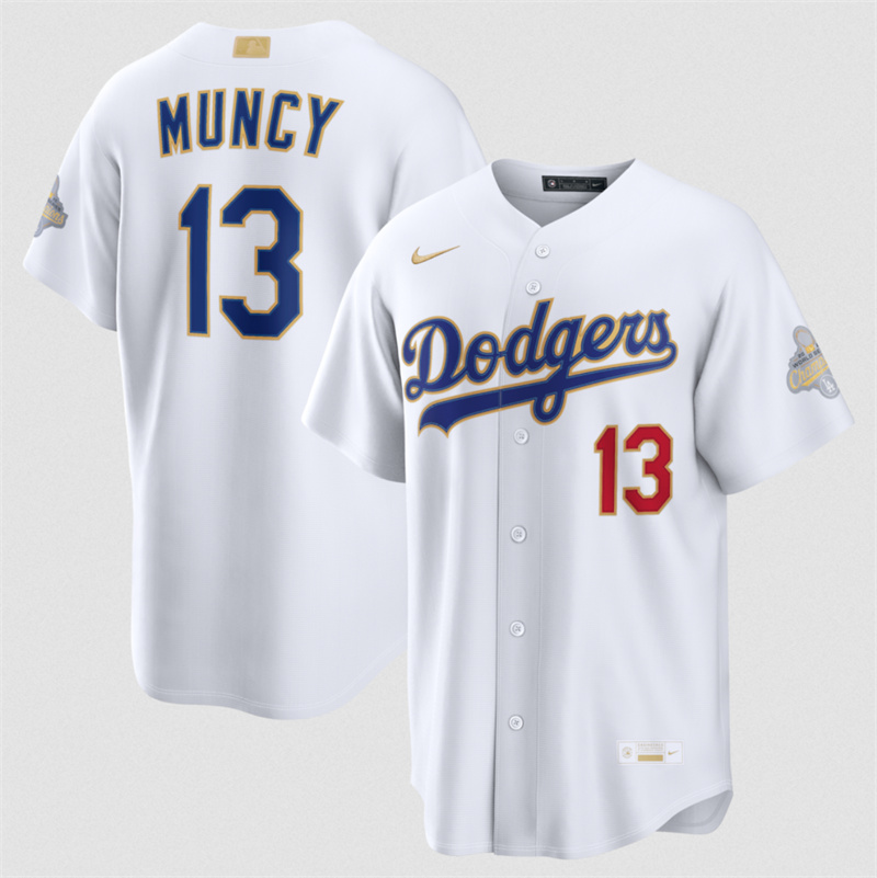 Men's Los Angeles Dodgers #13 Max Muncy White 2026 Gold Collection Stadium Stitched Baseball Jersey Men's Los Angeles Dodgers #13 Max Muncy White 2026 Gold Collection Stadium Stitched Baseball Jersey