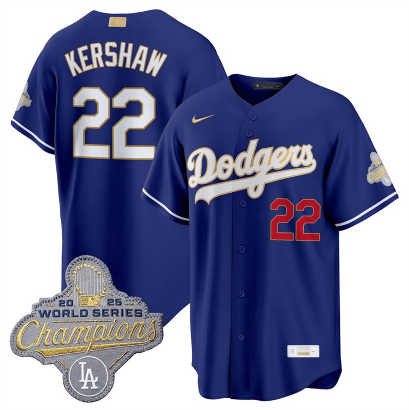 Men's Los Angeles Dodgers #22 Clayton Kershaw Royal 2026 Alternate Gold Collection Stadium Stitched Baseball Jersey Men's Los Angeles Dodgers #22 Clayton Kershaw Royal 2026 Alternate Gold Collection Stadium Stitched Baseball Jersey