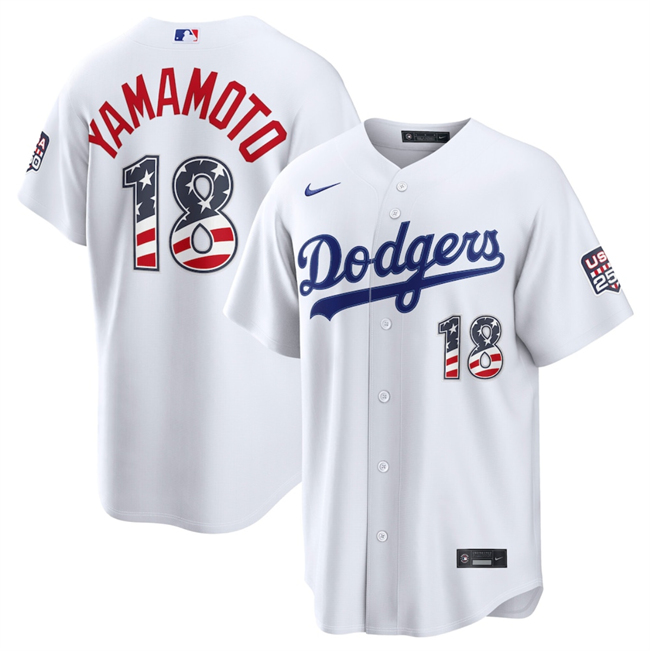 Men's Los Angeles Dodgers #18 Yoshinobu Yamamoto White USA 250 Fourth of July Home Stitched Baseball Jersey Men's Los Angeles Dodgers #18 Yoshinobu Yamamoto White USA 250 Fourth of July Home Stitched Baseball Jersey