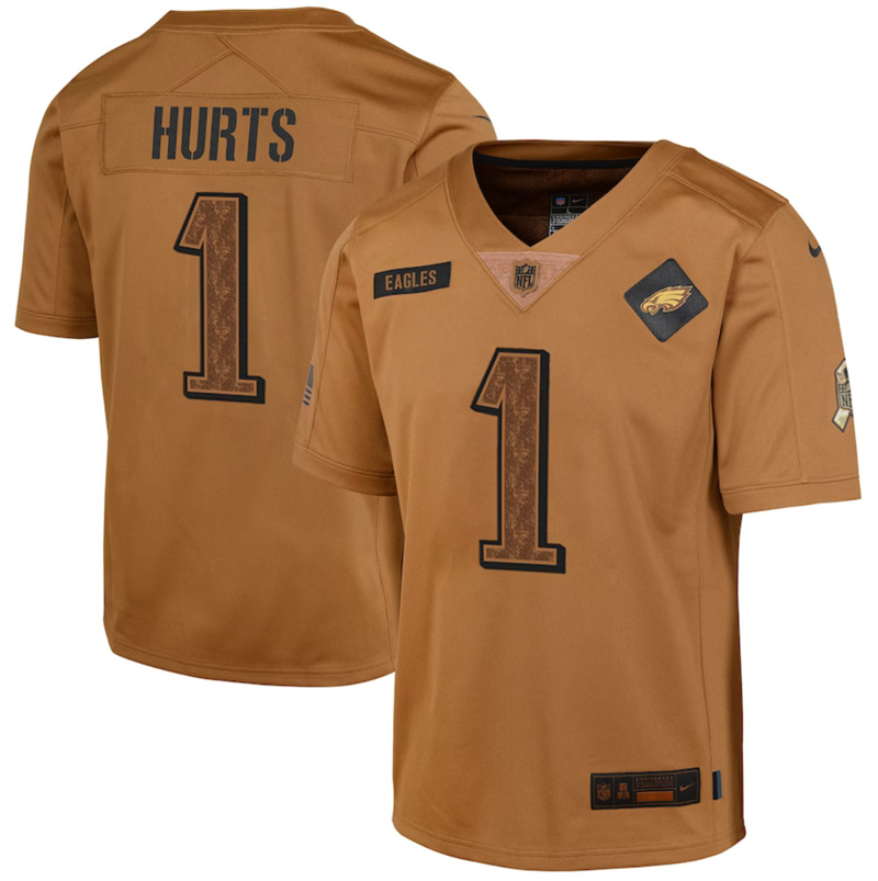 Youth Philadelphia Eagles #1 Jalen Hurts 2023 Brown Salute To Service Limited Stitched Football Jersey Youth Philadelphia Eagles #1 Jalen Hurts 2023 Brown Salute To Service Limited Stitched Football Jersey
