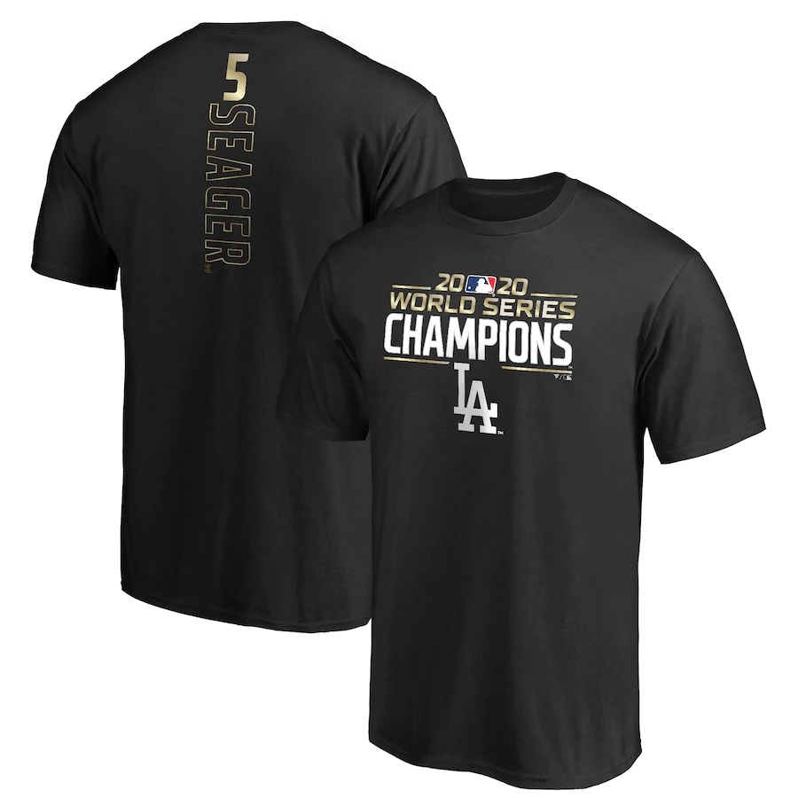 Men's Los Angeles Dodgers #5 Corey Seager Black 2020 World Series Champions T-Shirt Men's Los Angeles Dodgers #5 Corey Seager Black 2020 World Series Champions T-Shirt
