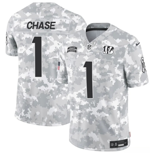 Men's Cincinnati Bengals #1 Ja'Marr Chase 2024 F.U.S.E Arctic Camo Salute to Service Limited Stitched Football Jersey Men's Cincinnati Bengals #1 Ja'Marr Chase 2024 F.U.S.E Arctic Camo Salute to Service Limited Stitched Football Jersey