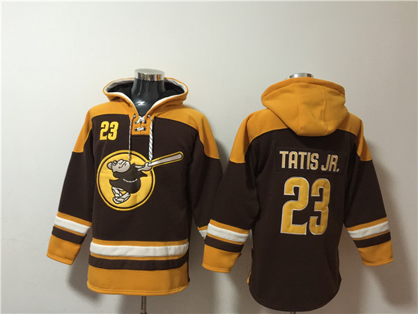 Men's San Diego Padres #23 Fernando Tatis Jr. Brown/Gold Ageless Must-Have Lace-Up Pullover Hoodie Men's San Diego Padres #23 Fernando Tatis Jr. Brown/Gold Ageless Must-Have Lace-Up Pullover Hoodie