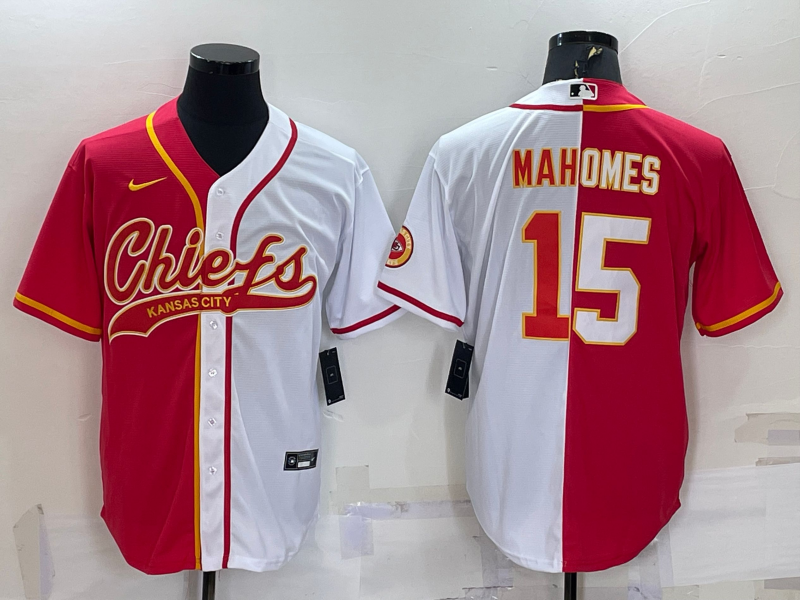 Men's Kansas City Chiefs #15 Patrick Mahomes Red/White Split With Patch Cool Base Stitched Baseball Jersey Men's Kansas City Chiefs #15 Patrick Mahomes Red/White Split With Patch Cool Base Stitched Baseball Jersey