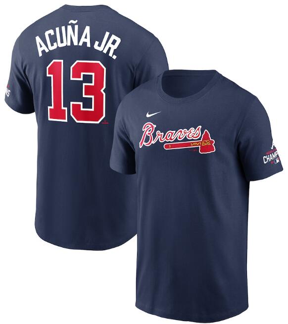 Men's Atlanta Braves #13 Ronald Acuña Jr. 2021 Navy World Series Champions Player Name & Number T-Shirt Men's Atlanta Braves #13 Ronald Acuña Jr. 2021 Navy World Series Champions Player Name & Number T-Shirt
