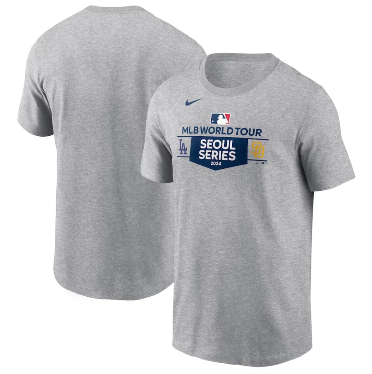 Men's Los Angeles Dodgers vs. San Diego Padres 2024 World Tour Seoul Series Nike Heather Gray Matchup T-Shirt Men's Los Angeles Dodgers vs. San Diego Padres 2024 World Tour Seoul Series Nike Heather Gray Matchup T-Shirt