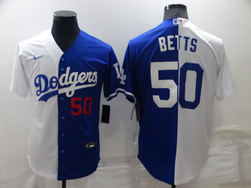 Men's Los Angeles Dodgers #50 Mookie Betts White/Blue Split Cool Base Stitched Baseball Jersey Men's Los Angeles Dodgers #50 Mookie Betts White/Blue Split Cool Base Stitched Baseball Jersey