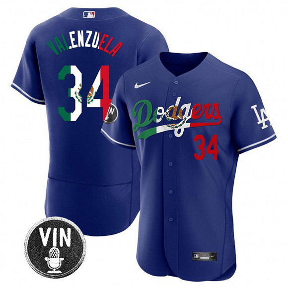 Men's Los Angeles Dodgers #34 Fernando Valenzuela Royal Mexico Special Vin Scully Patch Flex Base Stitched Baseball Jersey Men's Los Angeles Dodgers #34 Fernando Valenzuela Royal Mexico Special Vin Scully Patch Flex Base Stitched Baseball Jersey