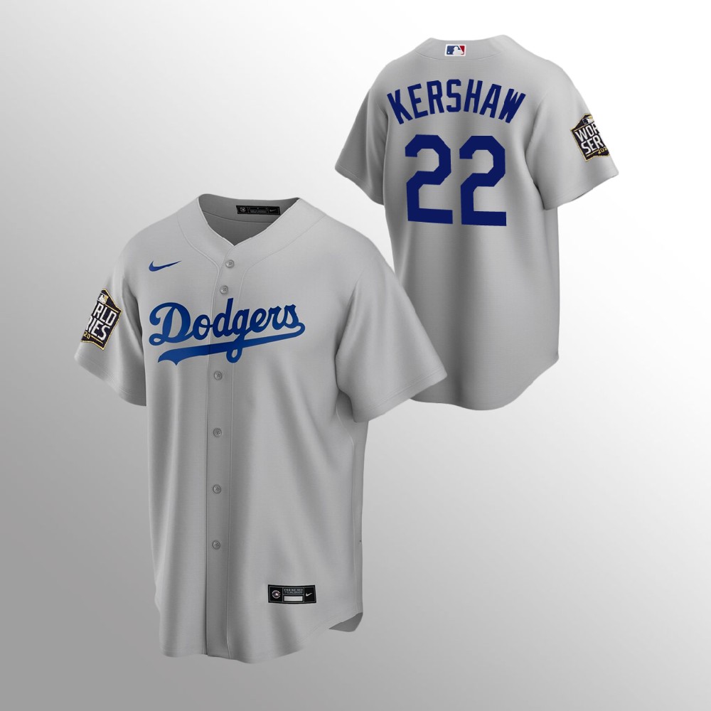 Men's Los Angeles Dodgers #22 Clayton Kershaw Grey 2020 World Series Bound stitched MLB Jersey Men's Los Angeles Dodgers #22 Clayton Kershaw Grey 2020 World Series Bound stitched MLB Jersey