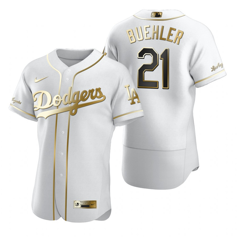 Men's Los Angeles Dodgers #21 Walker Buehler White Gold Edition Flex Base Stitched MLB Jersey Men's Los Angeles Dodgers #21 Walker Buehler White Gold Edition Flex Base Stitched MLB Jersey