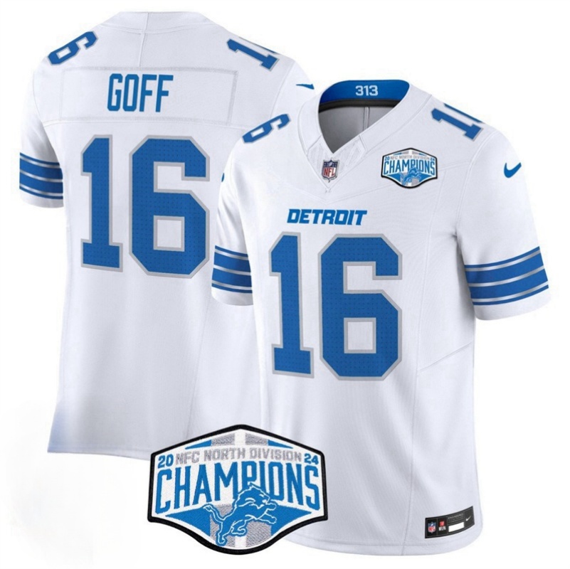 Men's Detroit Lions #16 Jared Goff White 2024 NFC North Champions F.U.S.E. Vapor Limited Stitched Jersey Men's Detroit Lions #16 Jared Goff White 2024 NFC North Champions F.U.S.E. Vapor Limited Stitched Jersey