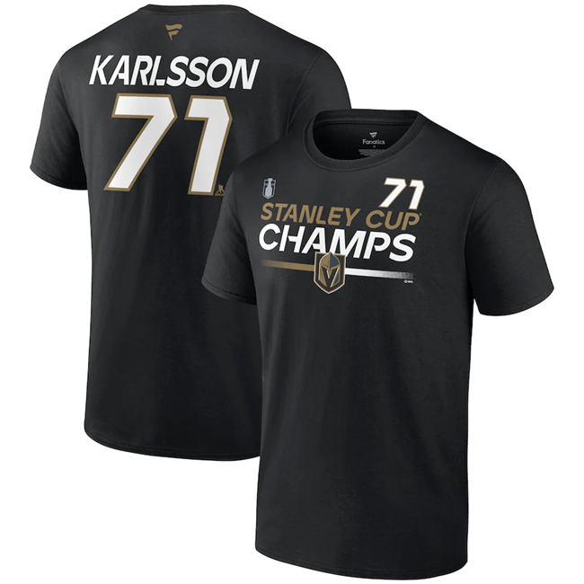 Men's Vegas Golden Knights #71 William Karlsson Black 2023 Stanley Cup Champions Pro Name & Number T-Shirt Men's Vegas Golden Knights #71 William Karlsson Black 2023 Stanley Cup Champions Pro Name & Number T-Shirt