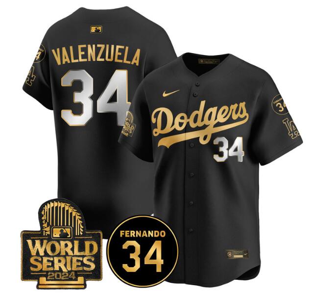 Men's Los Angeles Dodgers #34 Toro Valenzuela Black/Gold 2024 World Series With Fernando Memorial Patch Limited Stitched Baseball Jersey Men's Los Angeles Dodgers #34 Toro Valenzuela Black/Gold 2024 World Series With Fernando Memorial Patch Limited Stitched Baseball Jersey