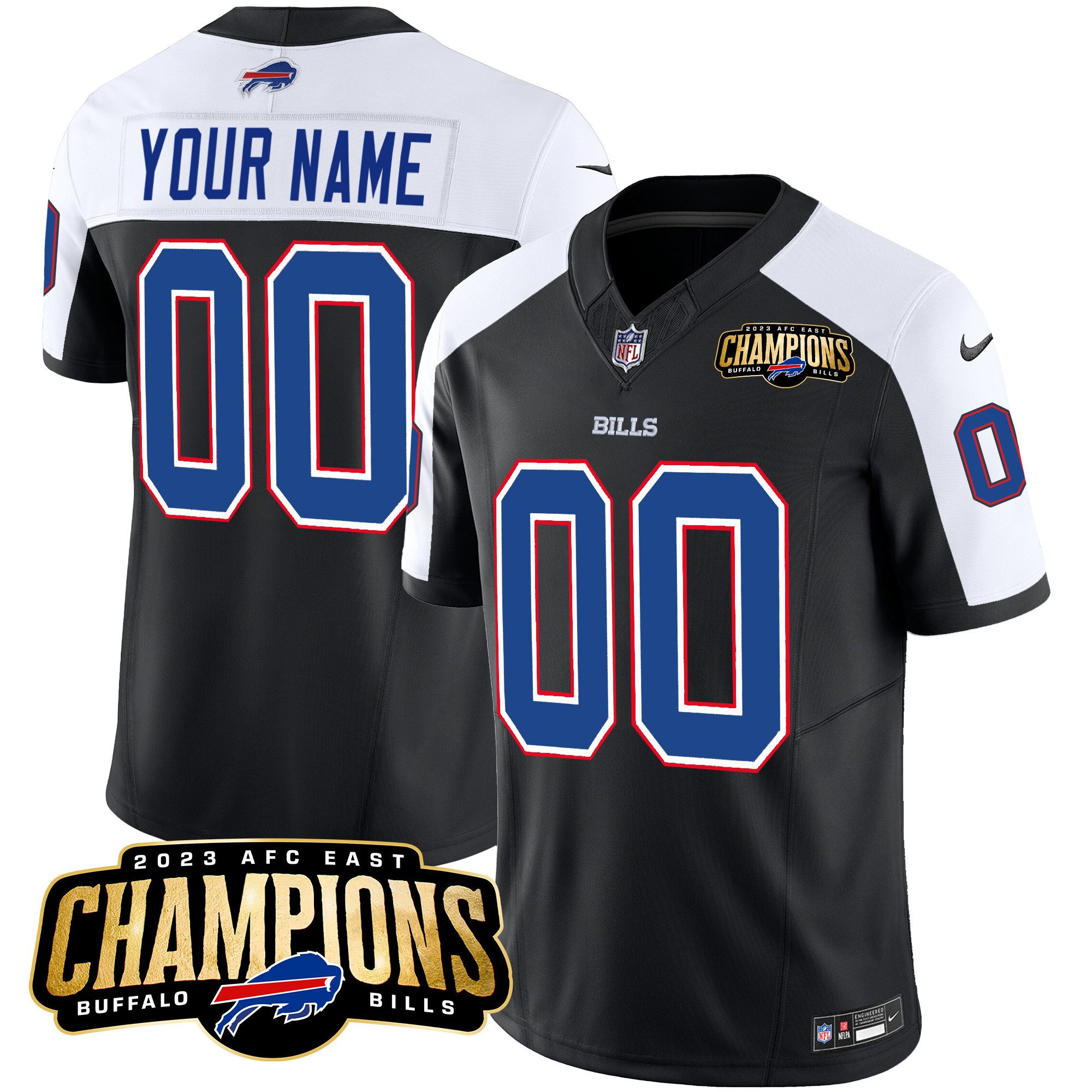 Men's Buffalo Bills Active Player Custom Black/White 2023 F.U.S.E. AFC East Champions Ptach Stitched Football Jersey Men's Buffalo Bills Active Player Custom Black/White 2023 F.U.S.E. AFC East Champions Ptach Stitched Football Jersey