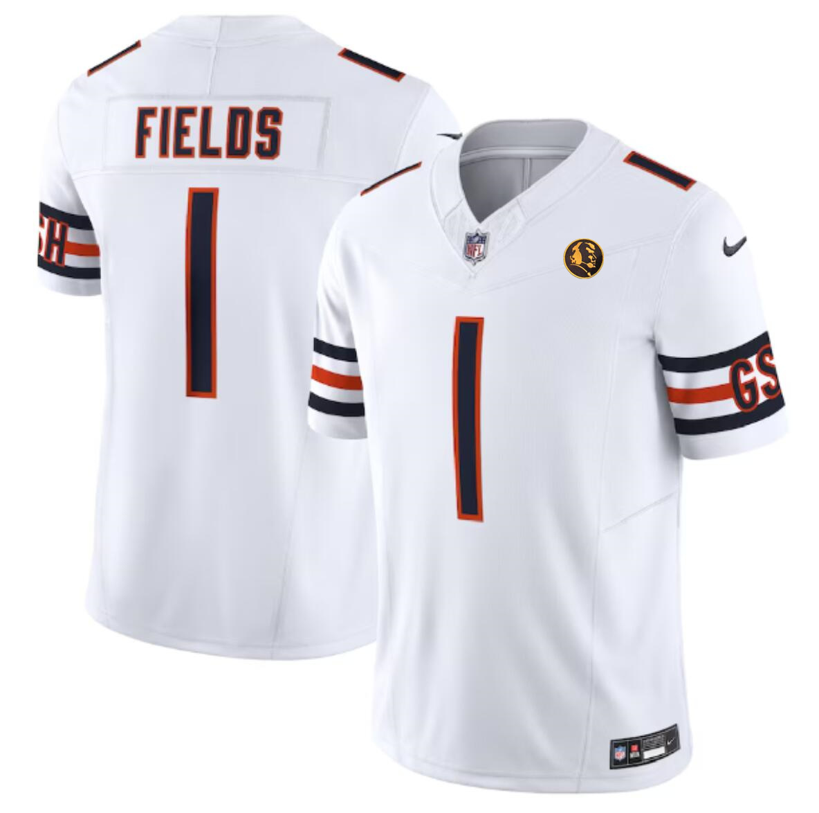 Men's Chicago Bears #1 Justin Fields White 2023 F.U.S.E. With John Madden Patch Vapor Limited Stitched Football Jersey Men's Chicago Bears #1 Justin Fields White 2023 F.U.S.E. With John Madden Patch Vapor Limited Stitched Football Jersey