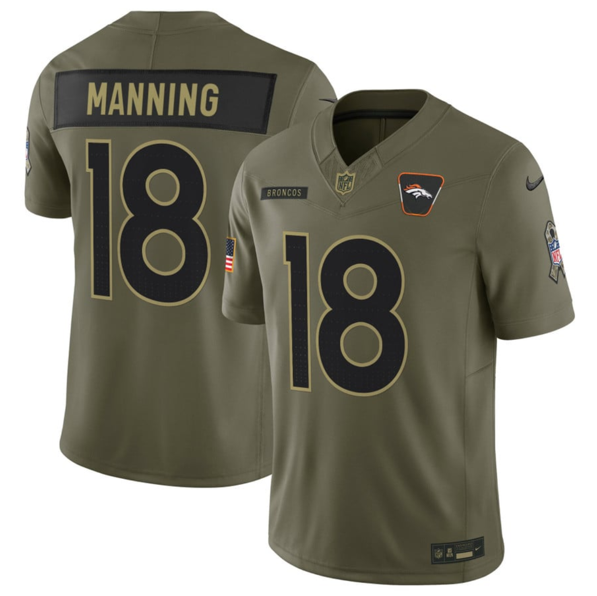 Men's Denver Broncos #18 Peyton Manning Olive 2025 F.U.S.E. Salute to Service Limited Stitched Football Jersey