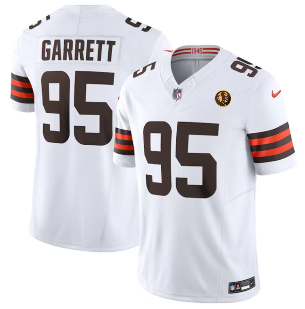 Men's Cleveland Browns #95 Myles Garrett White 2023 F.U.S.E. With John Madden Patch Vapor Limited Stitched Football Jersey Men's Cleveland Browns #95 Myles Garrett White 2023 F.U.S.E. With John Madden Patch Vapor Limited Stitched Football Jersey