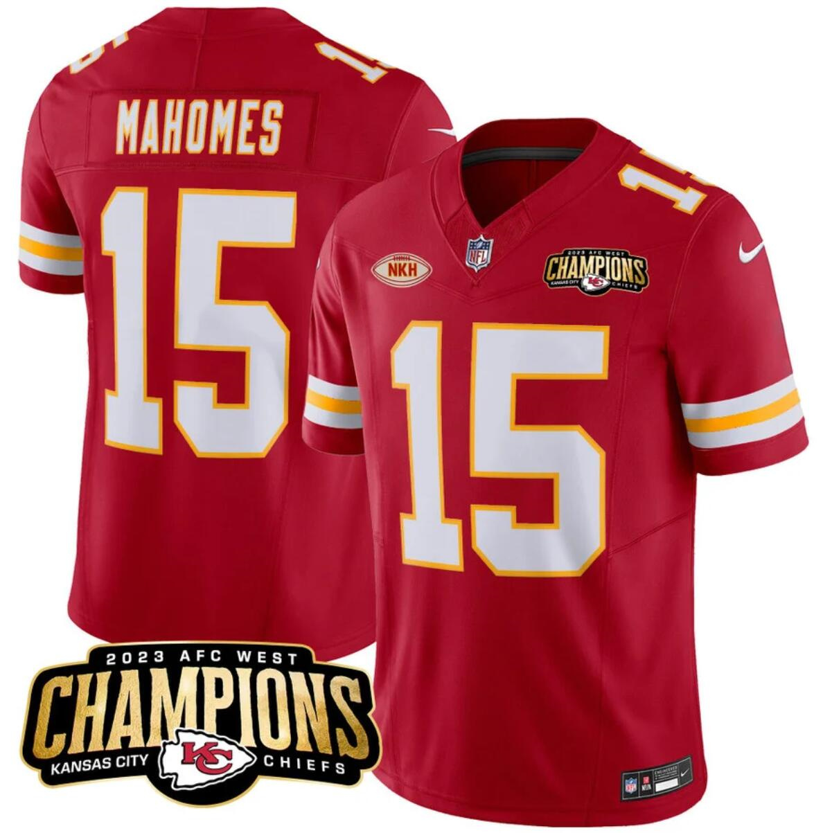 Men’s Kansas City Chiefs #15 Patrick Mahomes Red 2023 F.U.S.E. AFC West Champions With 
