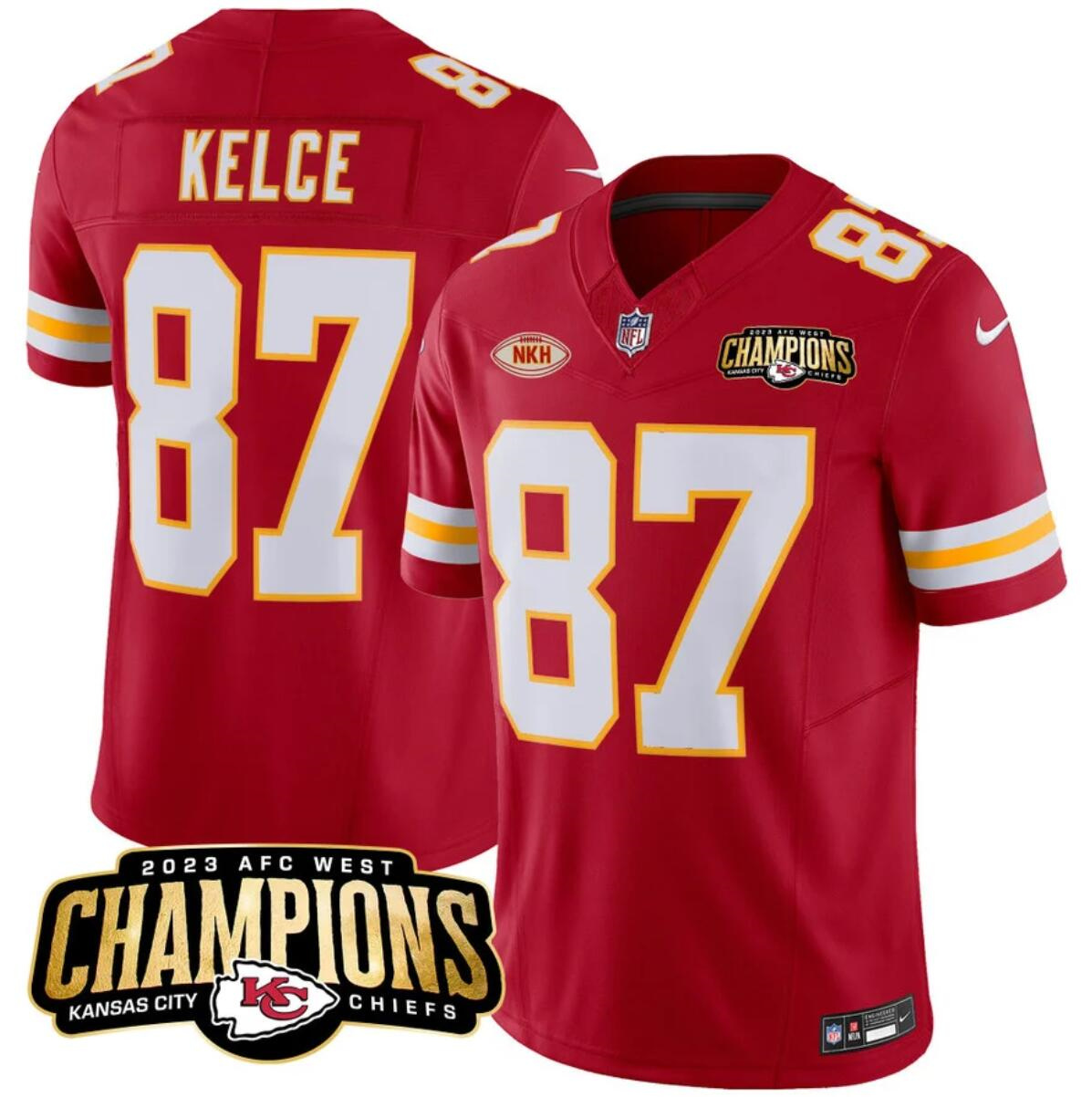 Men’s Kansas City Chiefs #87 Travis Kelce Red 2023 F.U.S.E. AFC West Champions With "NKH" Patch Vapor Untouchable Limited Stitched Jersey Men’s Kansas City Chiefs #87 Travis Kelce Red 2023 F.U.S.E. AFC West Champions With "NKH" Patch Vapor Untouchable Limited Stitched Jersey