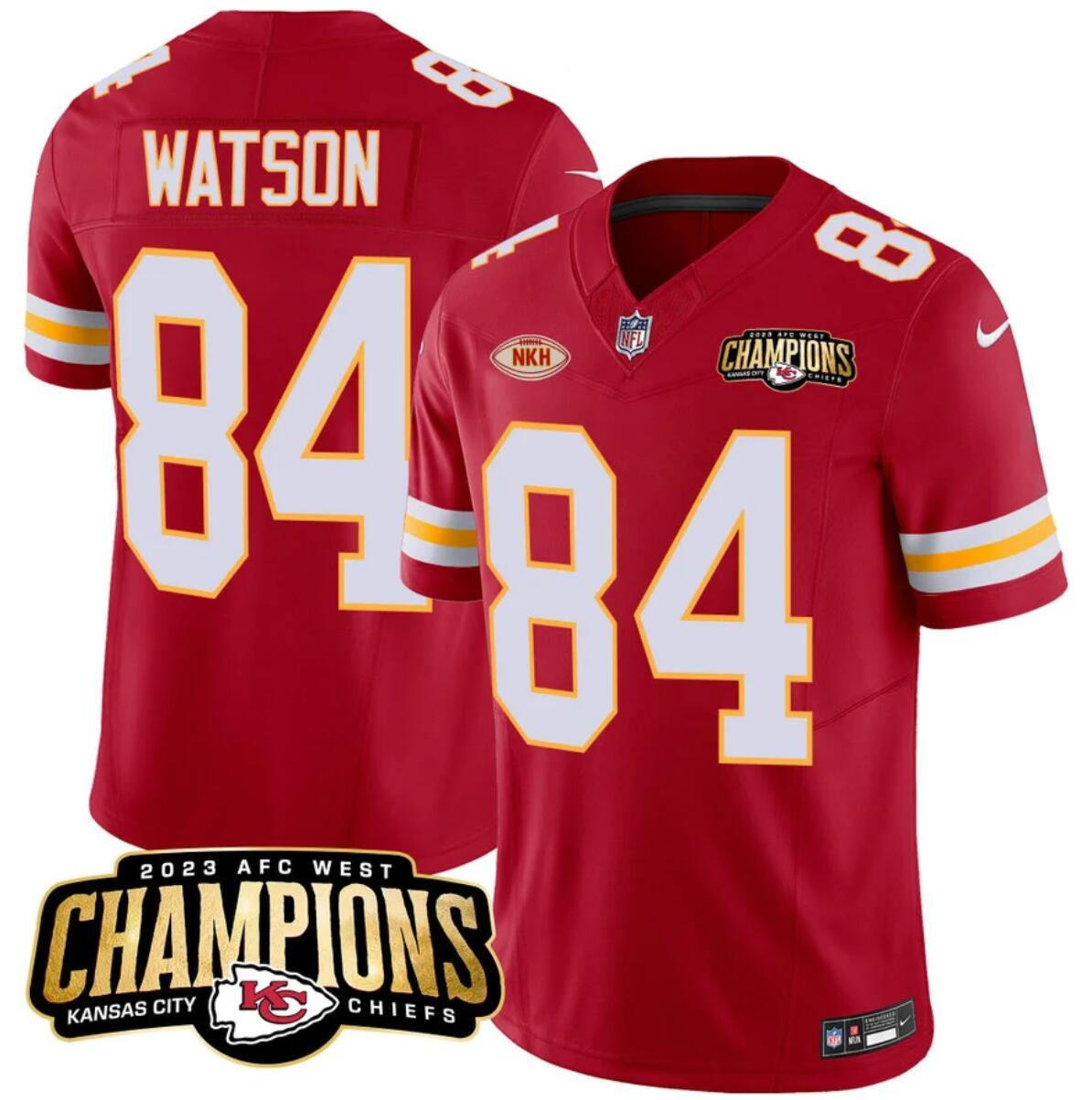 Men’s Kansas City Chiefs #84 Justin Watson Red 2023 F.U.S.E. AFC West Champions With "NKH" Patch Vapor Untouchable Limited Stitched Jersey Men’s Kansas City Chiefs #84 Justin Watson Red 2023 F.U.S.E. AFC West Champions With "NKH" Patch Vapor Untouchable Limited Stitched Jersey