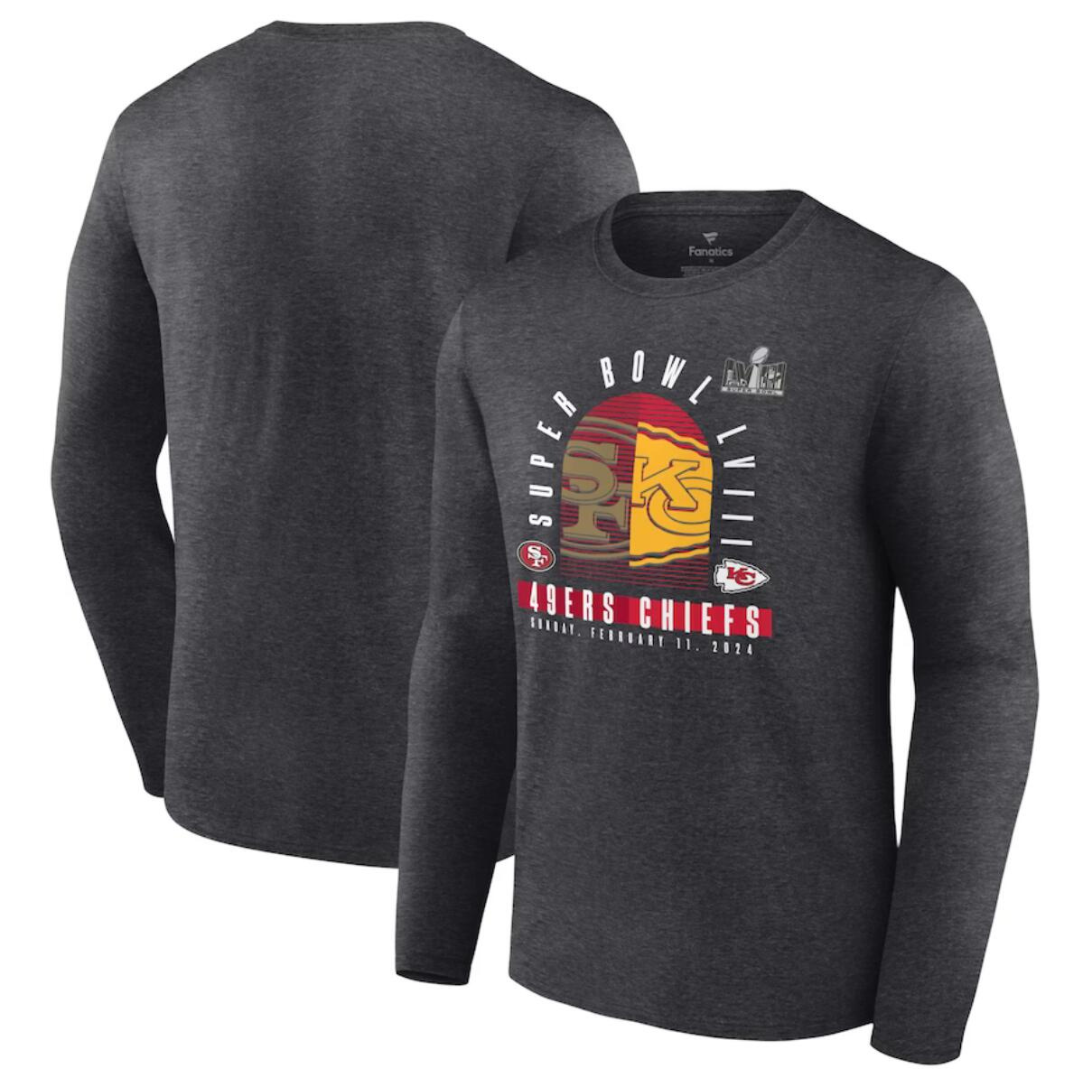 Men's Heather Charcoal Kansas City Chiefs vs. San Francisco 49ers Super Bowl LVIII Matchup Final Battle Long Sleeve T-Shirt Men's Heather Charcoal Kansas City Chiefs vs. San Francisco 49ers Super Bowl LVIII Matchup Final Battle Long Sleeve T-Shirt