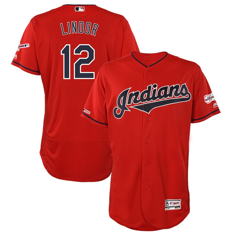 Cleveland Indians #12 Francisco Lindor Majestic Alternate 2019 All-Star Game Patch Flex Base Player Jersey Scarlet