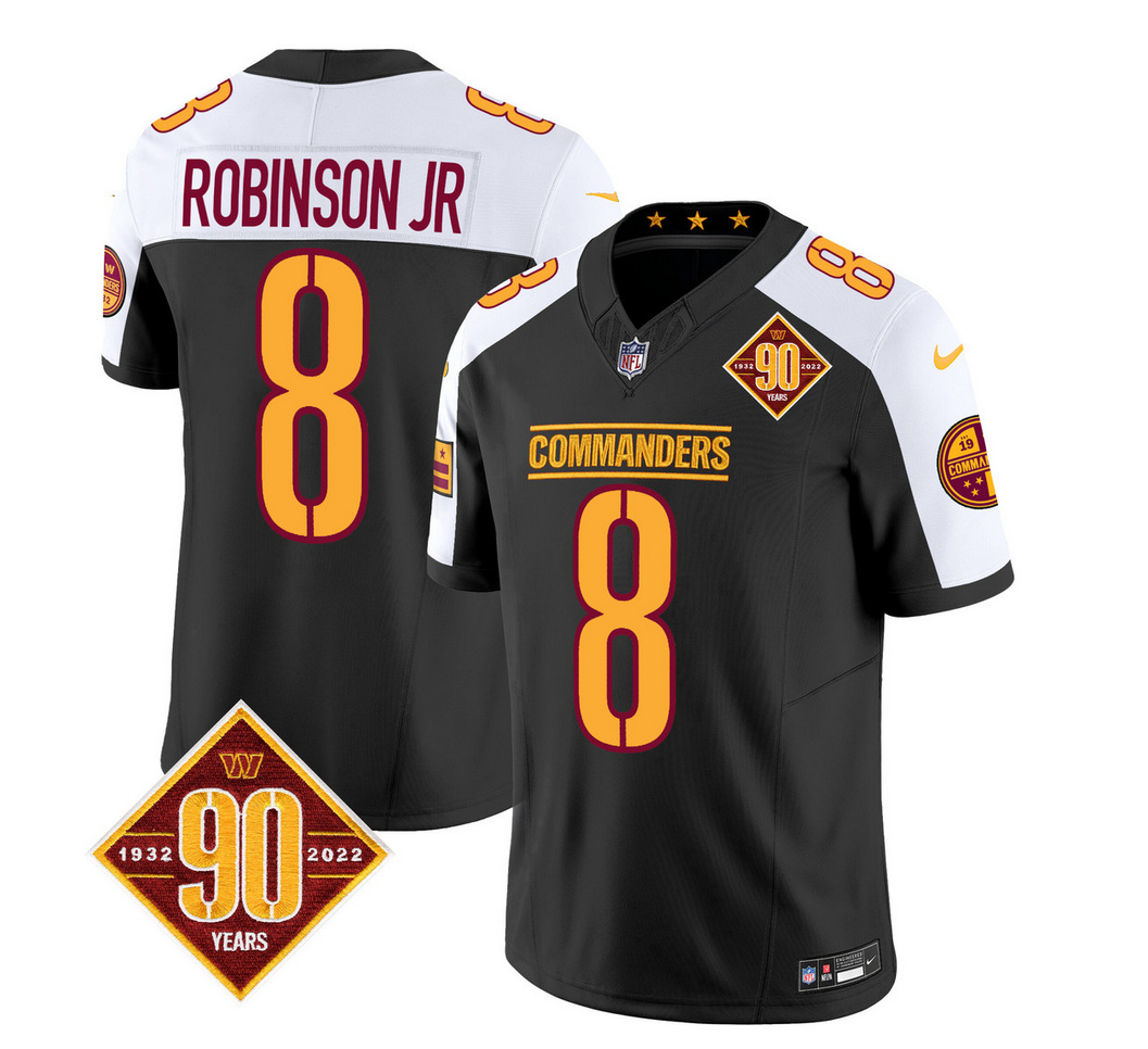 Men's Washington Commanders #8 Brian Robinson Black/White 2023 F.U.S.E. 90th AnniversaryVapor Limited Stitched Football Jersey Men's Washington Commanders #8 Brian Robinson Black/White 2023 F.U.S.E. 90th AnniversaryVapor Limited Stitched Football Jersey