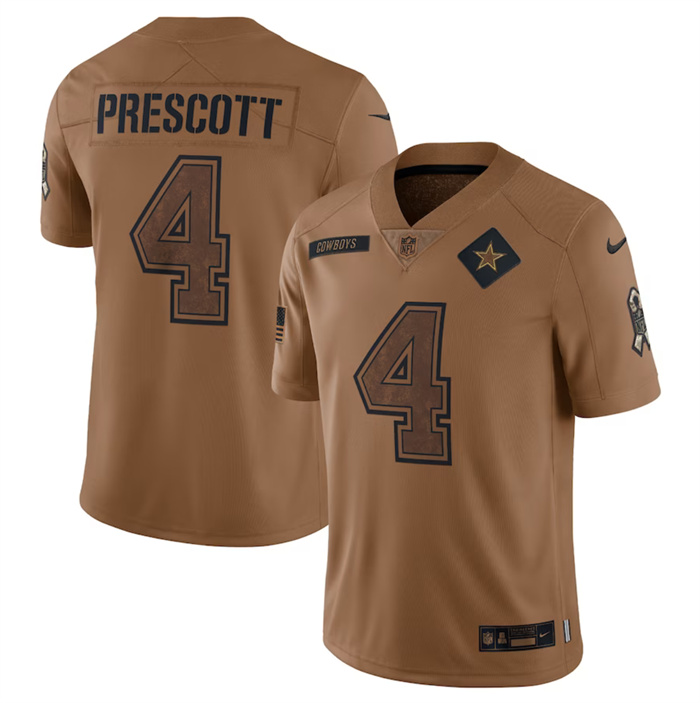 Men's Dallas Cowboys #4 Dak Prescott 2023 Brown Salute To Service Limited Football Jersey Men's Dallas Cowboys #4 Dak Prescott 2023 Brown Salute To Service Limited Football Jersey