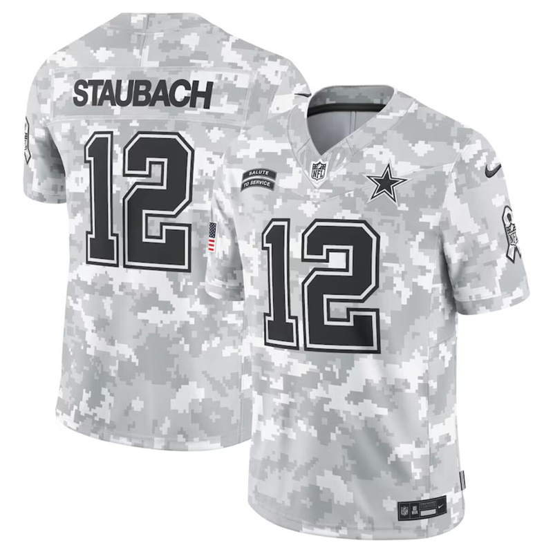 Men's Dallas Cowboys #12 Roger Staubach 2024 Arctic Camo Salute to Service Limited Stitched Football Jersey Men's Dallas Cowboys #12 Roger Staubach 2024 Arctic Camo Salute to Service Limited Stitched Football Jersey
